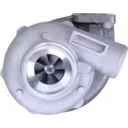 3802290 H1C Turbocharger front view with silver compressor housing and dark grey turbine housing