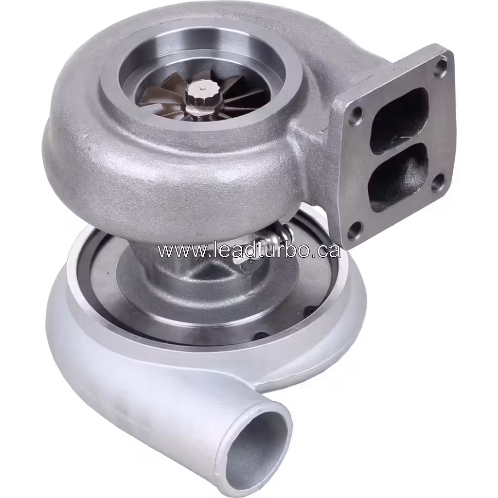 Bottom 45-degree view of 49188-01254 turbocharger showing turbine wheel and mounting flange