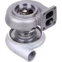 Bottom 45-degree view of 49188-01254 turbocharger showing turbine wheel and mounting flange
