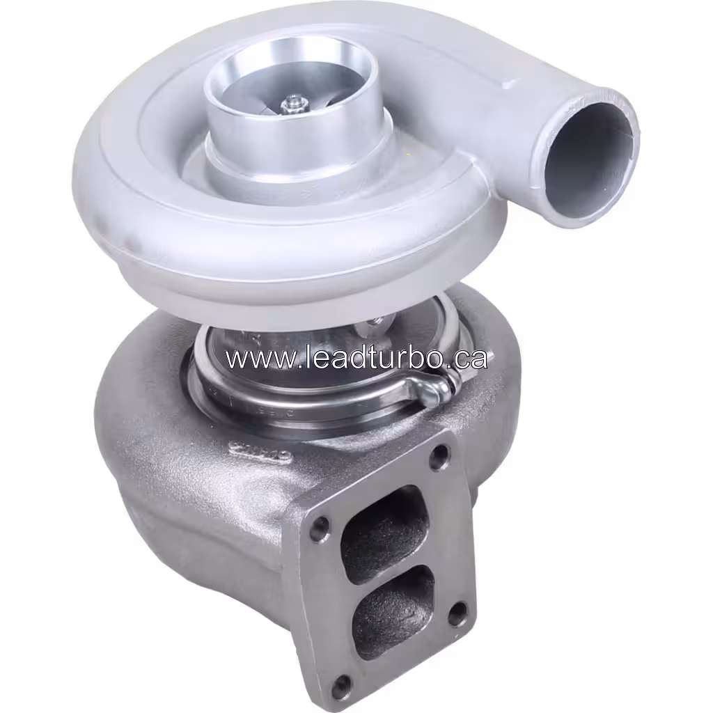 Top 45-degree view of TDO8H turbocharger with two-port exhaust flange and cast metal housings