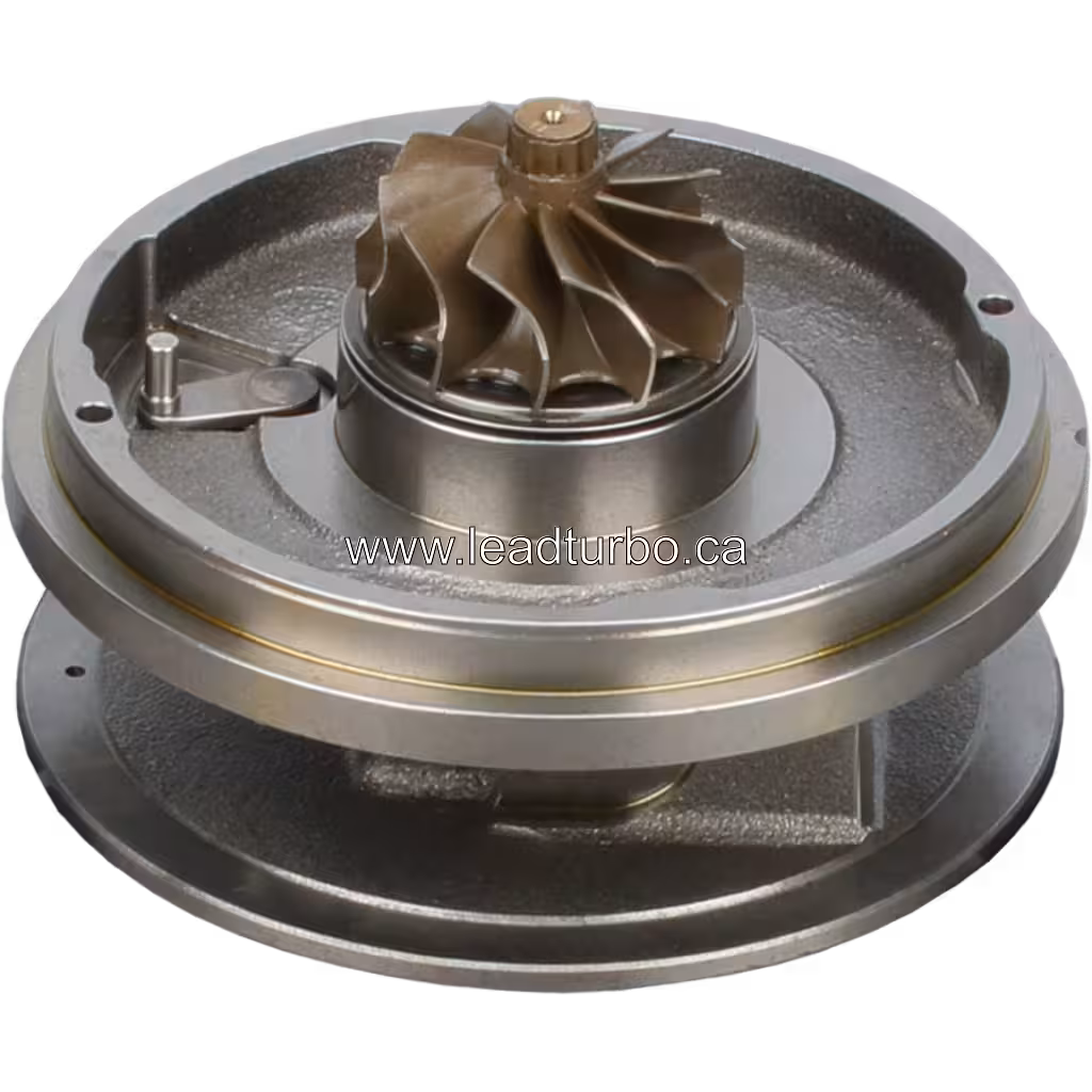 Vue de dessous du core de turbocompresseur 49477-01214 avec roue turbine et structure de roulement