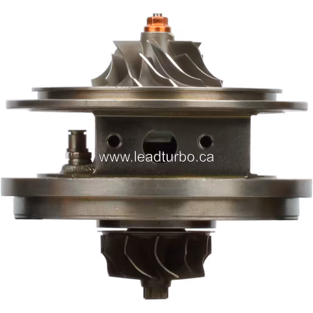 Vue avant du core de turbocompresseur TD04- 49477-01214 avec roue turbine et compresseur