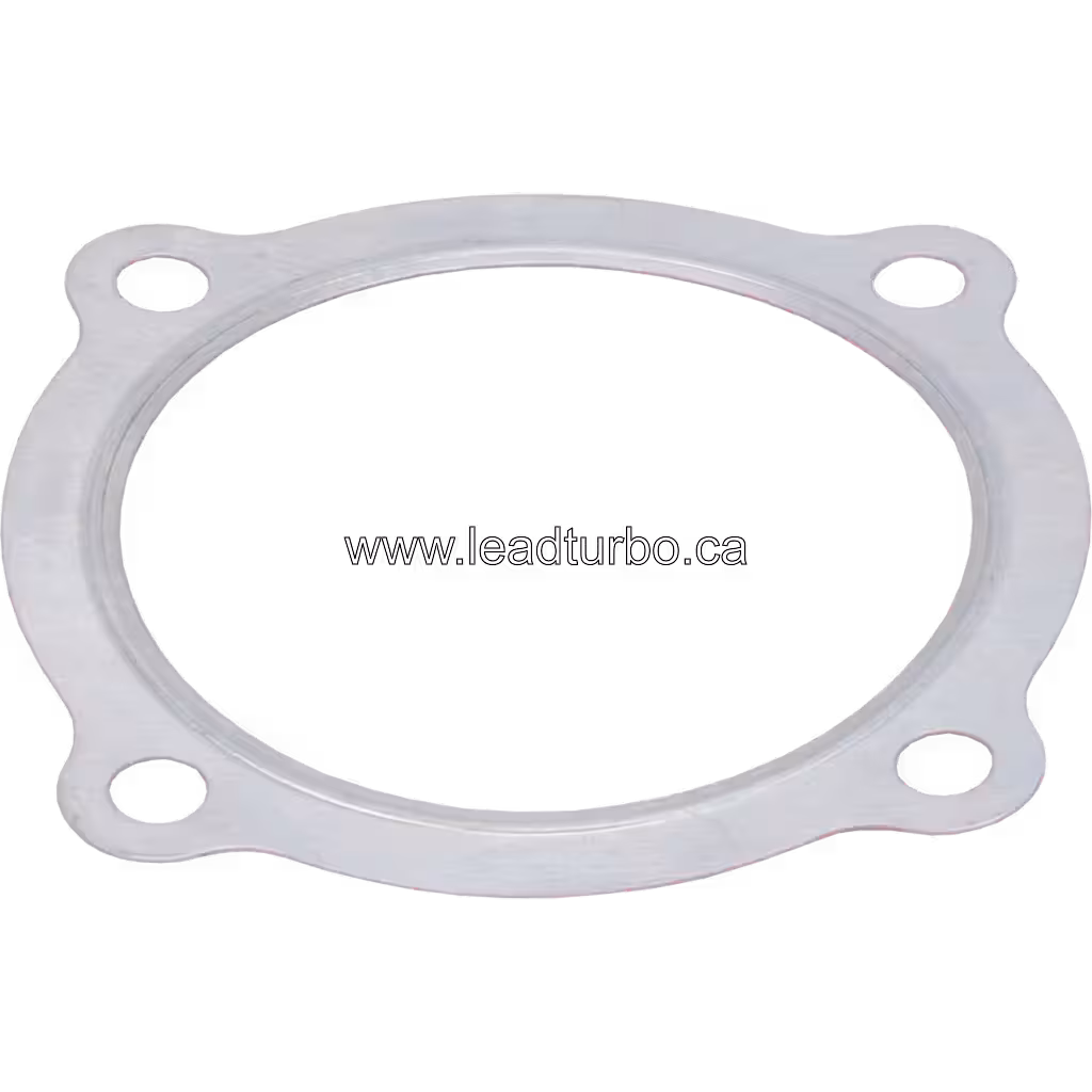 Silver metal turbocharger gasket with oval center opening and four corner bolt holes