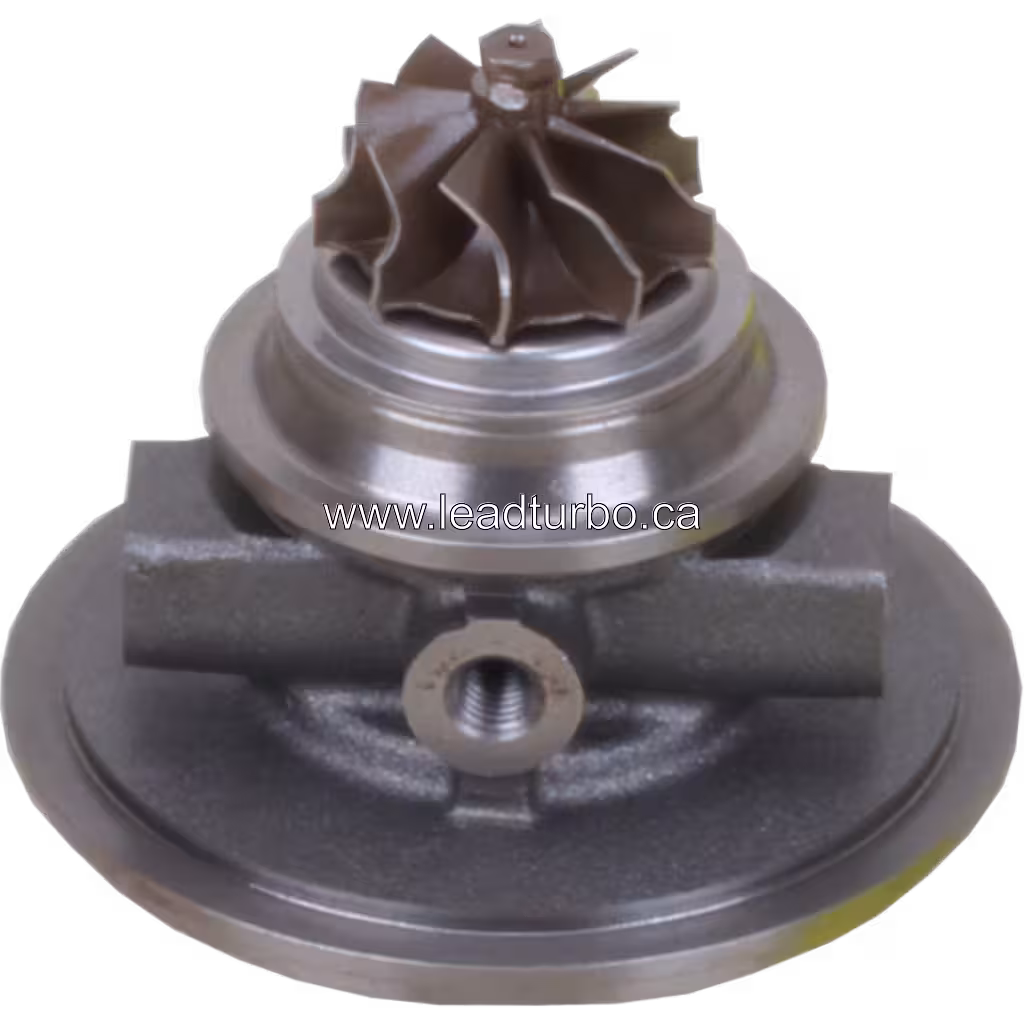 Bottom 45-degree view of RHF4-660011P10 turbo core with machined surfaces and side ports