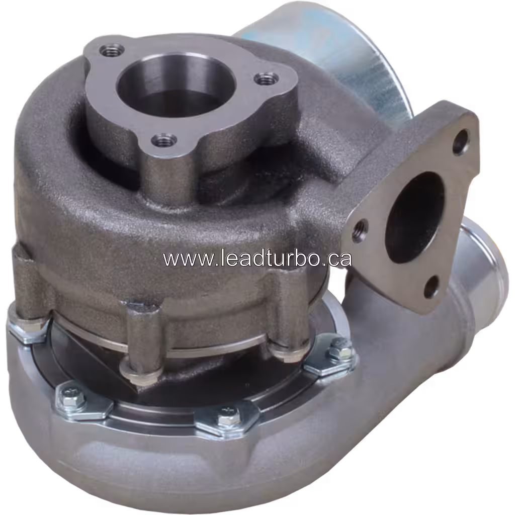 Bottom 45-degree view of 2823127800 turbocharger showing mounting flange and housing bolts