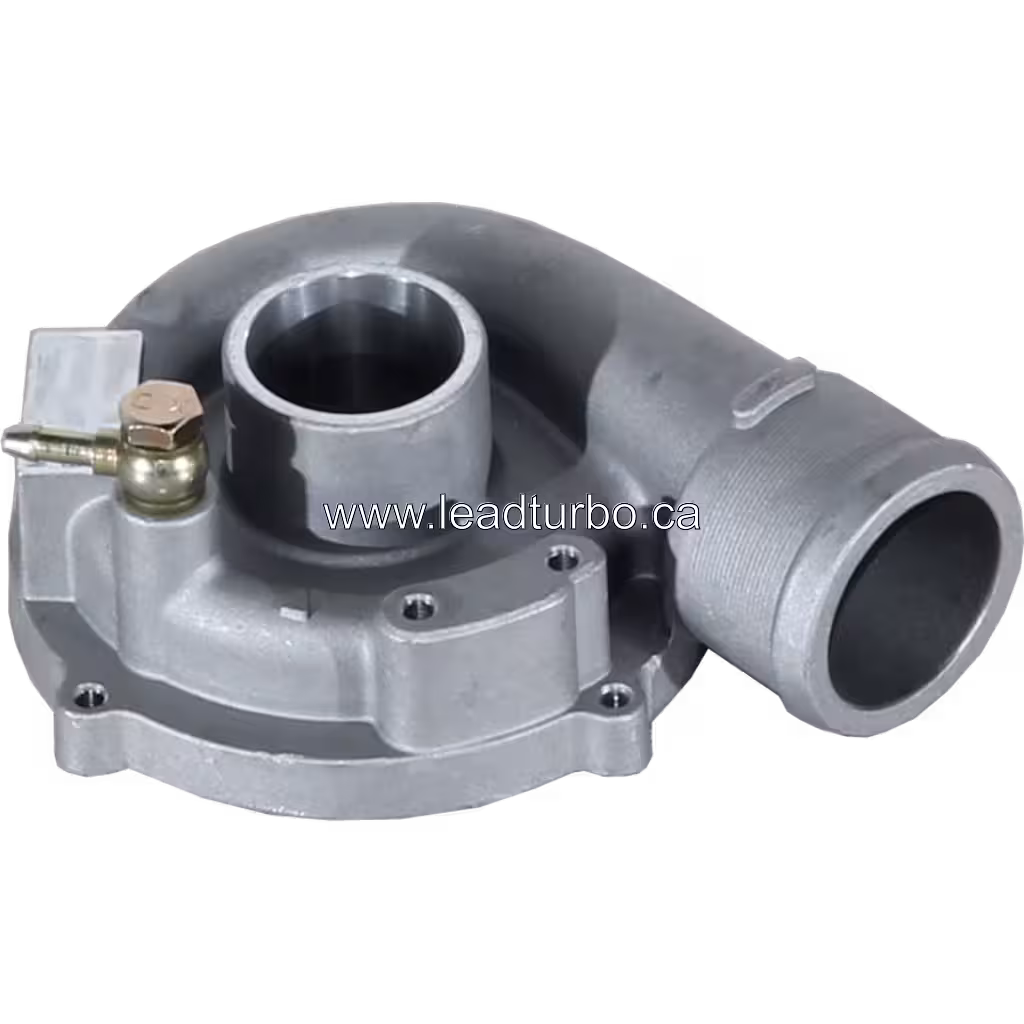Silver cast metal compressor housing with circular inlet port and brass fitting