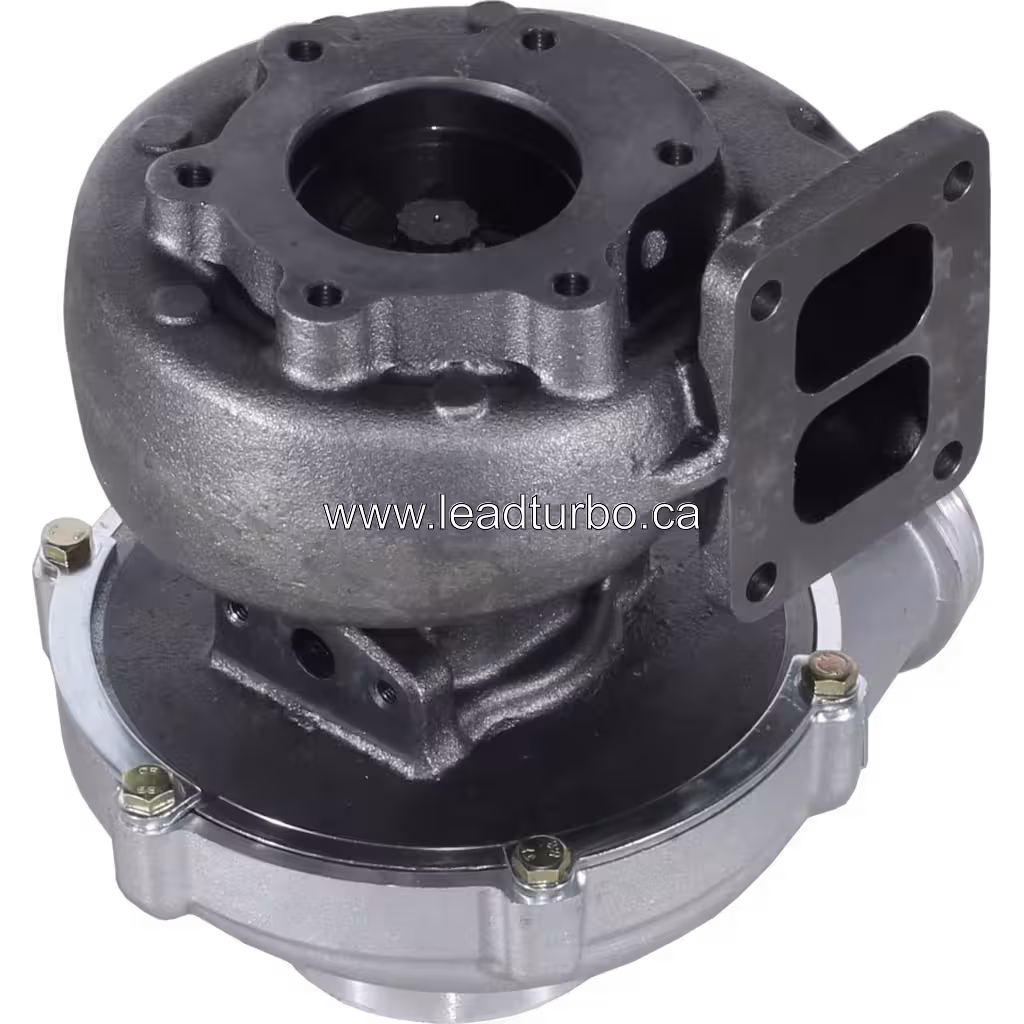 Vue de dessous à 45 degrés du turbocompresseur 53299886707 montrant le corps de turbine