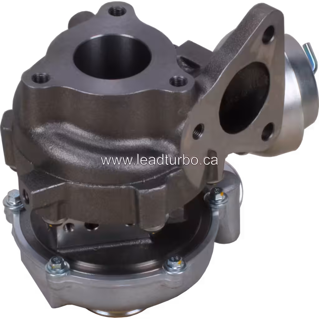 1515A170 turbocharger bottom view with turbine housing flange and bolt holes