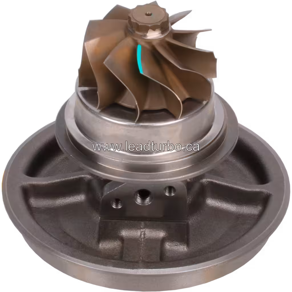 Bottom 45-degree view of FOR 171702 turbo core showing turbine housing flange