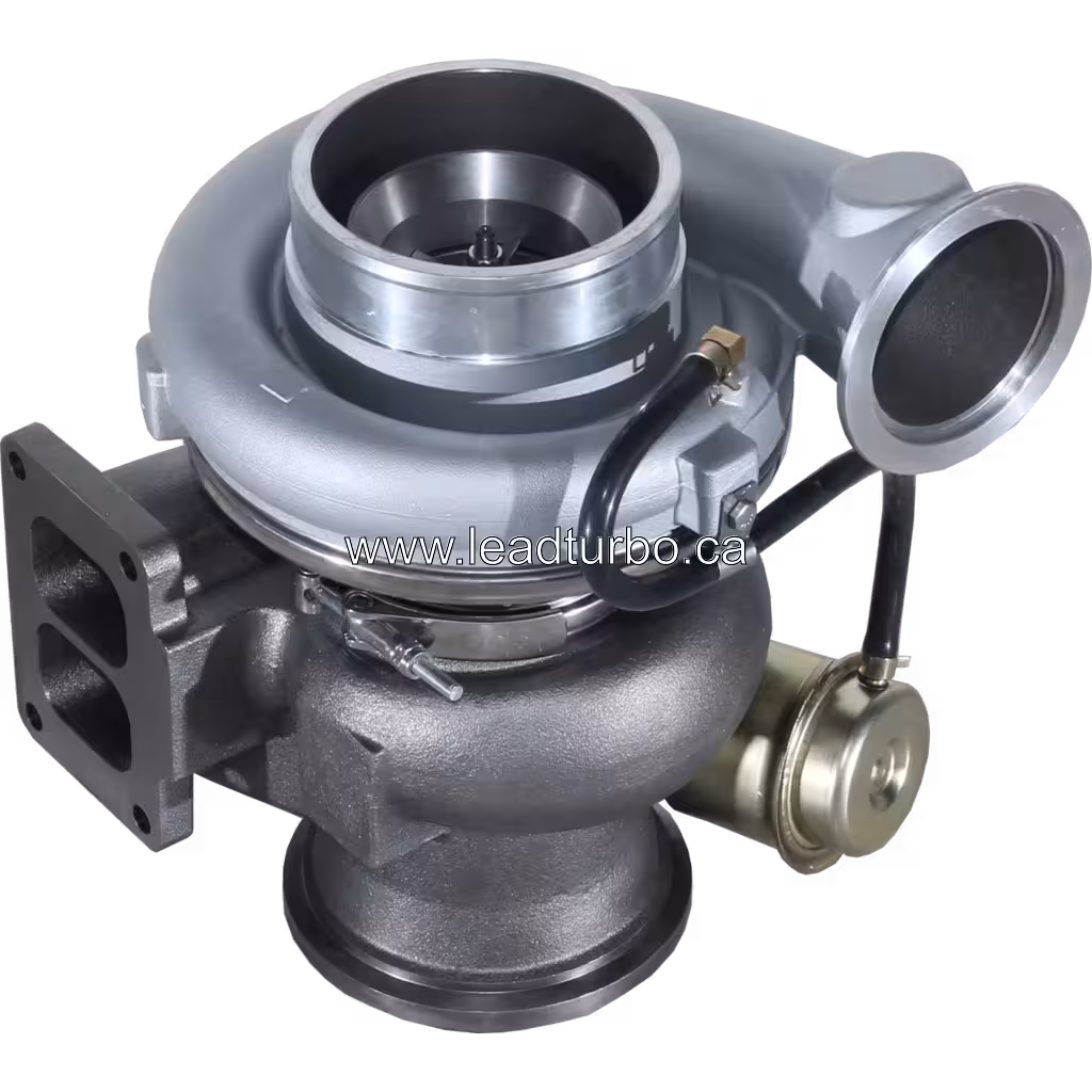 Three-quarter view of GT4294 turbocharger for CAT 3176C showing exhaust manifold and actuator