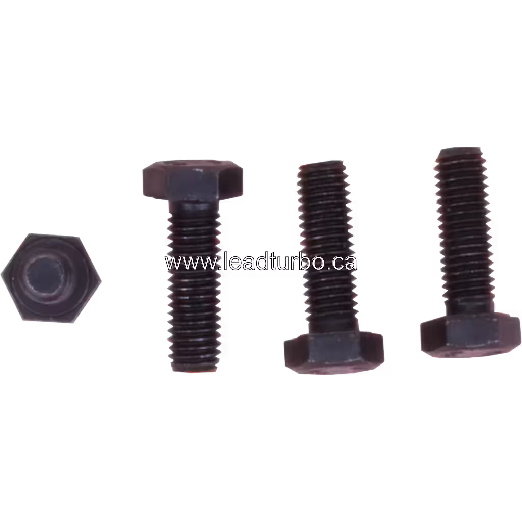 Black threaded fasteners with hexagonal heads on white background