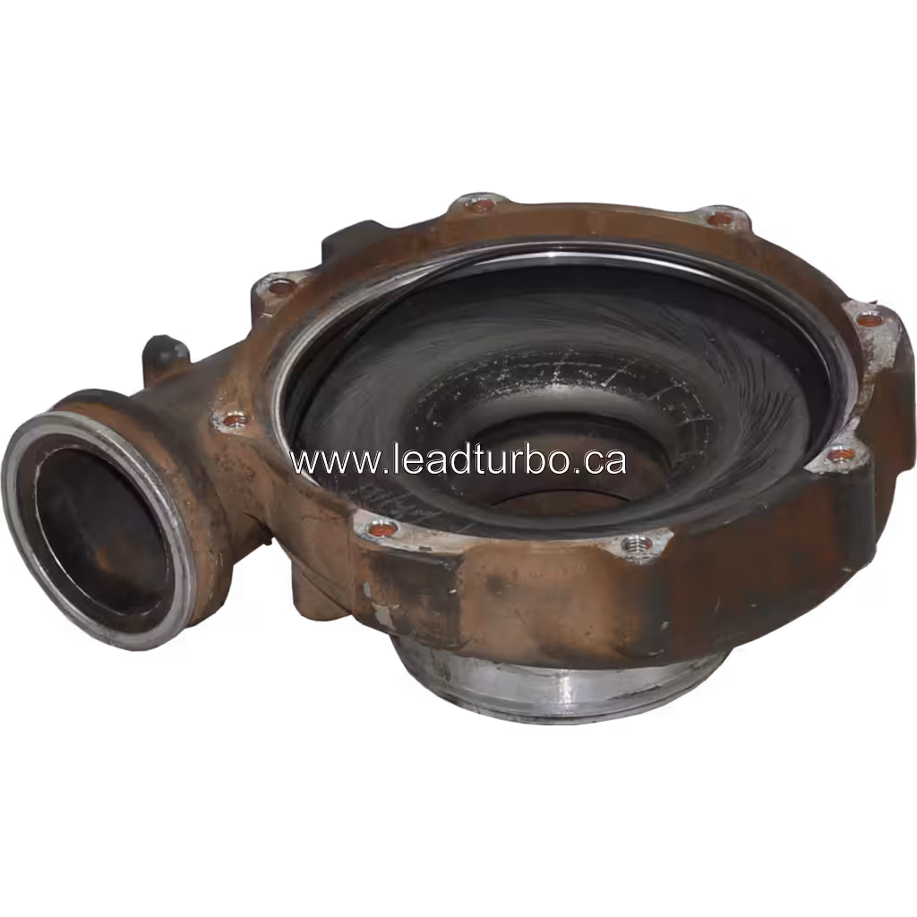 Top view of 723117-0019 CH compressor housing with angled outlet port and bolt holes