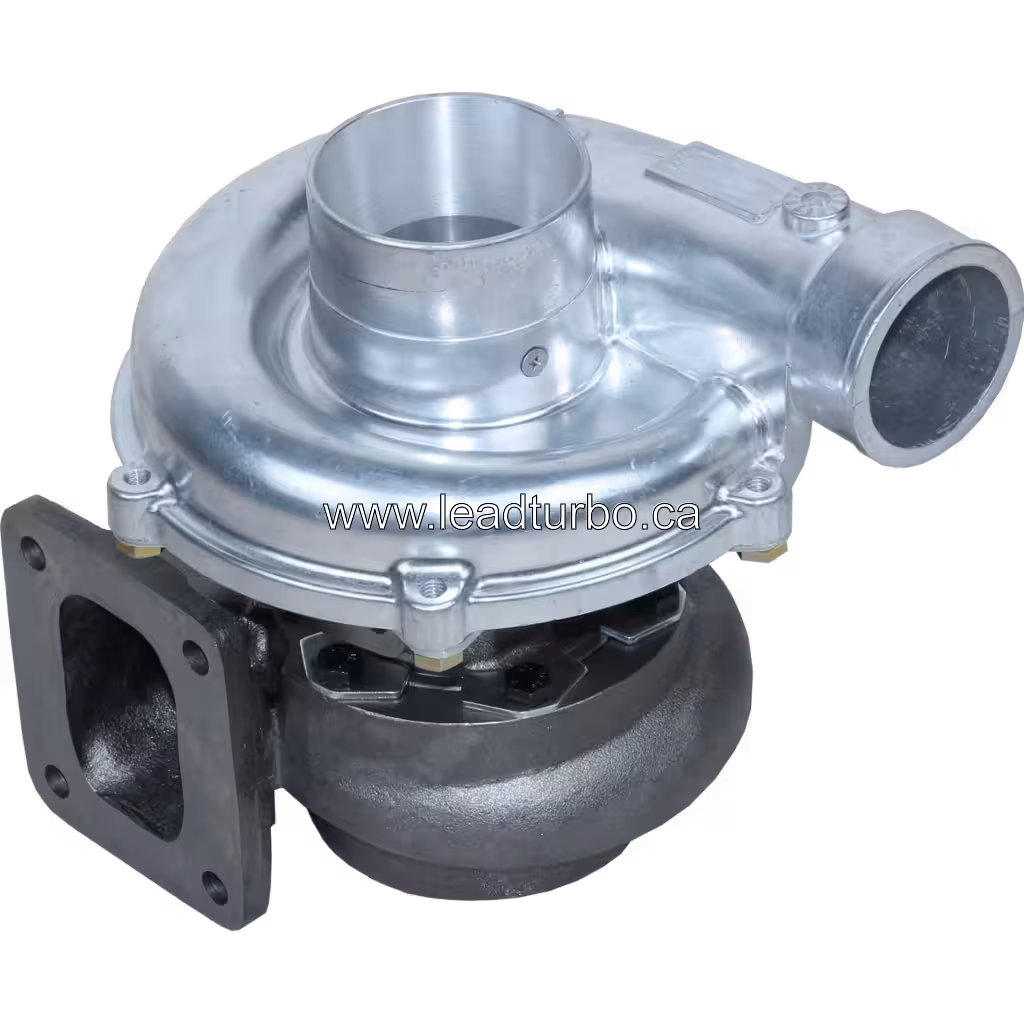 RHC7A-11003AP23NFBRL557A turbocharger top view showing dark grey cast-iron turbine housing