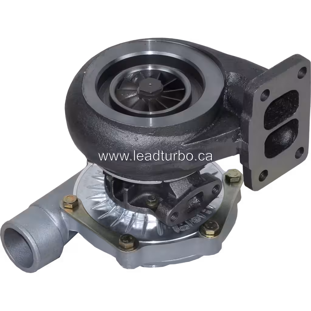 Turbocompresseur 409250-1 vue du dessous avec bride d'échappement à double port