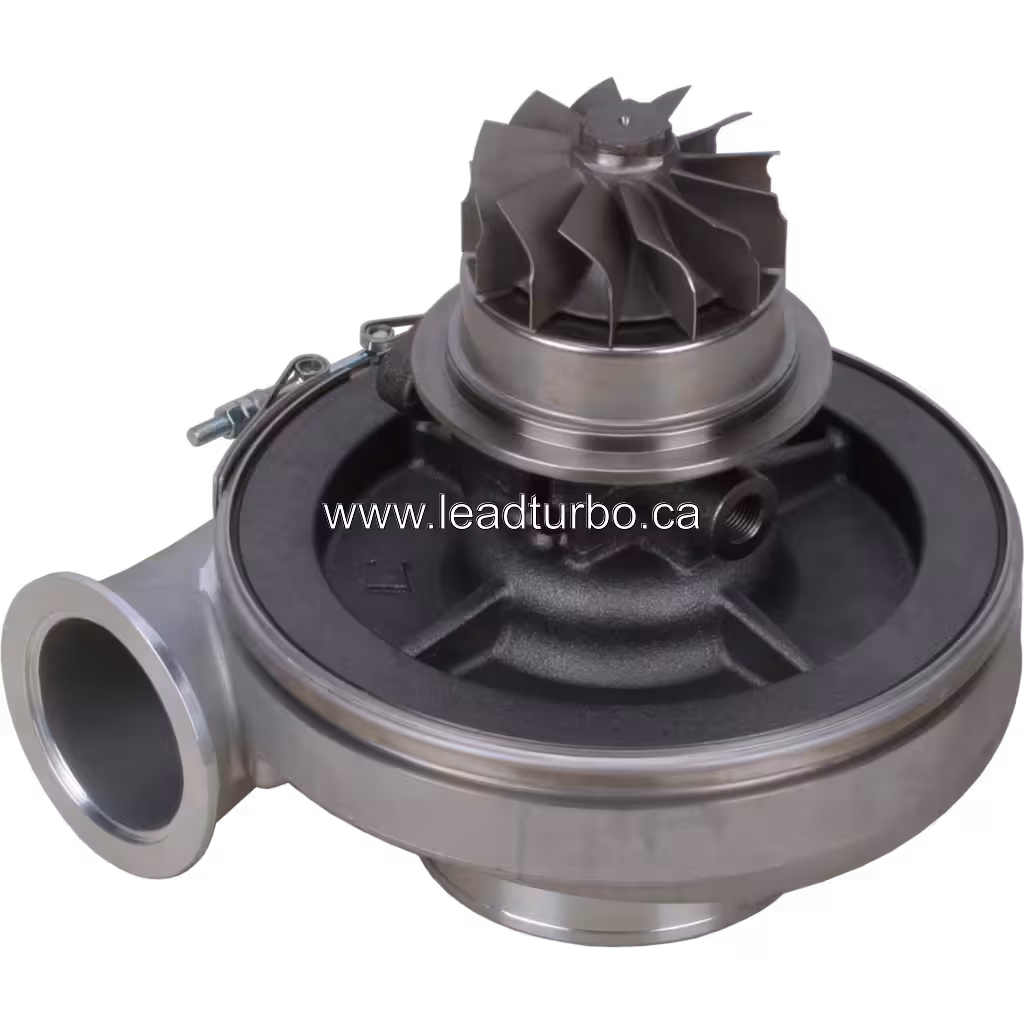 Turbocompresseur Scania DC16 1507203 vue inférieure avec roue de turbine à aubes courbes