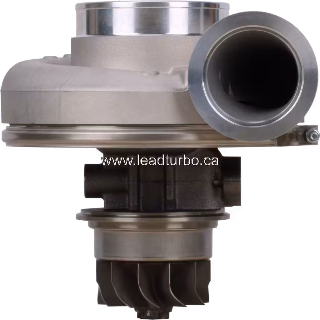 Turbocompresseur HX60 1507203 vue avant avec carter de turbine en métal argenté