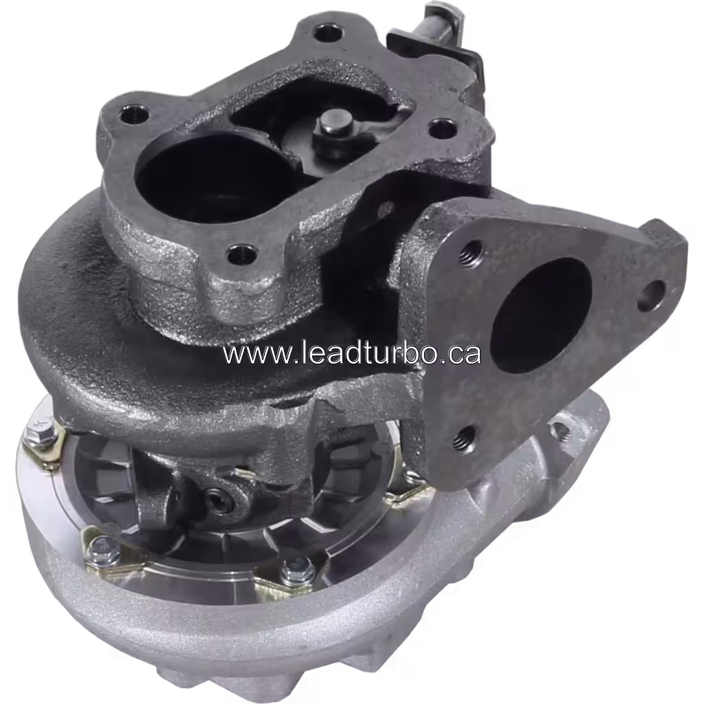 701196-5007 turbocharger bottom view showing exhaust inlet and outlet flanges