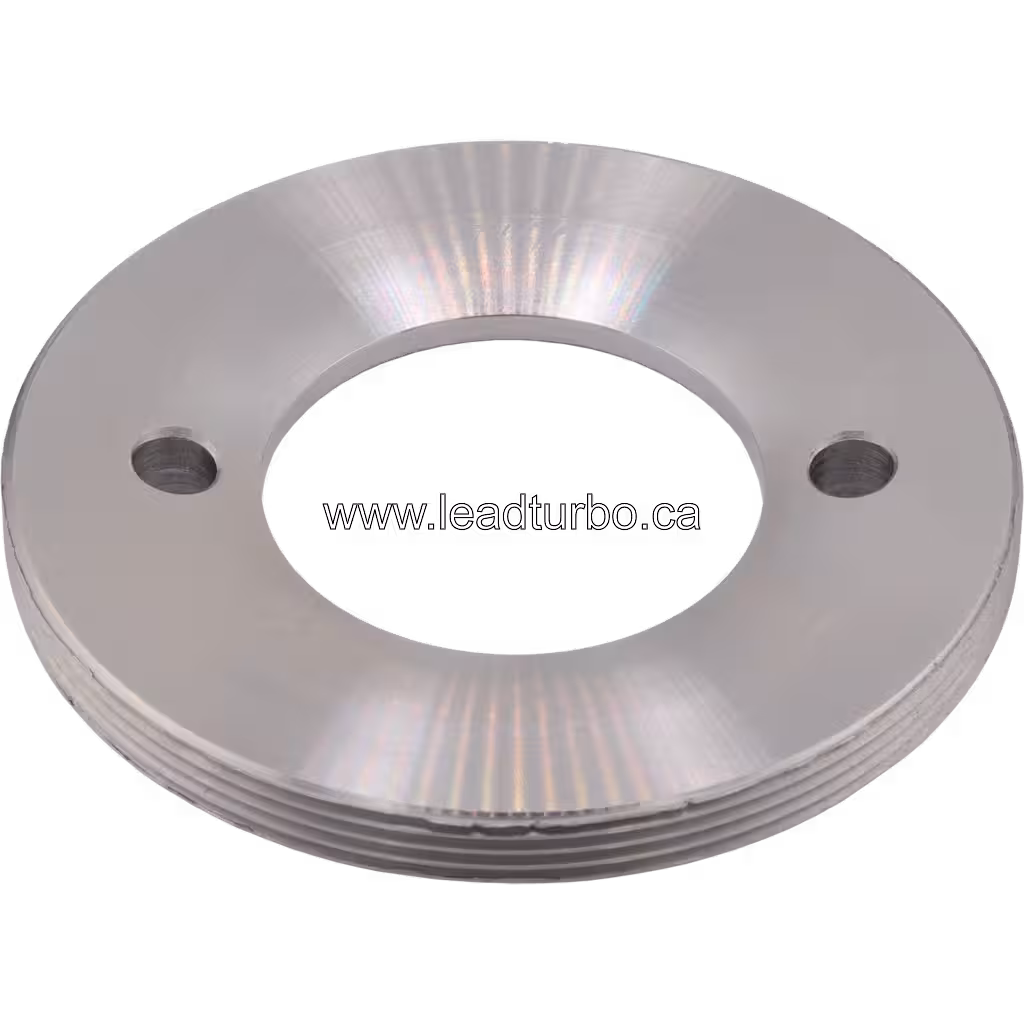 Top view of S400 turbocharger back plate showing machined metallic surface and central opening