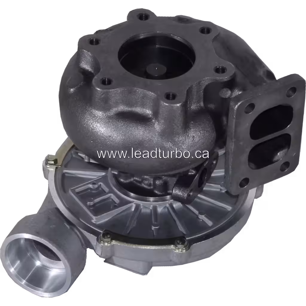 Turbocompresseur 53279886502 vue de bas 45 degrés avec bride d'échappement