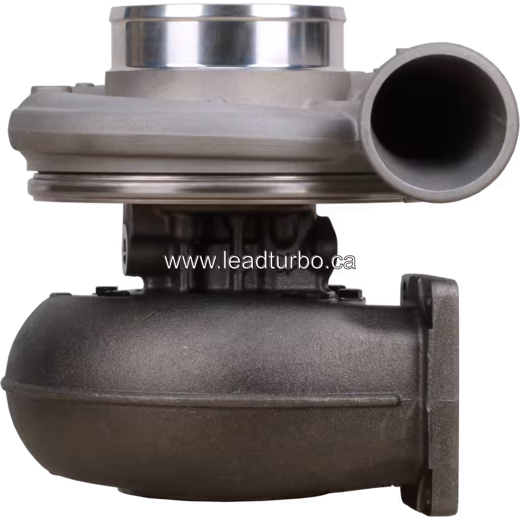 3594085 HC5A turbocharger front view with cast iron turbine housing and aluminum compressor housing