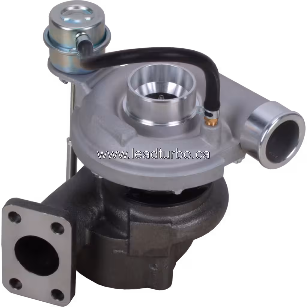 Vue du turbocompresseur Perkins 4 4L avec bride d'échappement carrée et sortie ronde