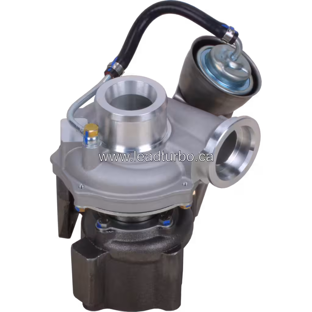 Top 45-degree view of K04-2072DCBHA 5 82 turbocharger with coolant lines