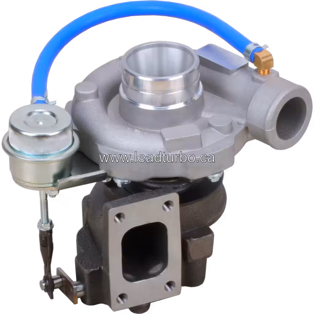 GT22 turbocharger top view with external wastegate actuator and flexible hose