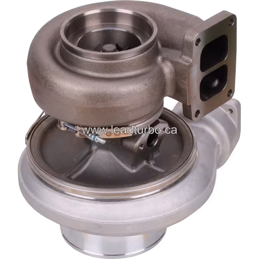 Bottom 45-degree view of 1305469 S4DS turbocharger turbine housing and flange