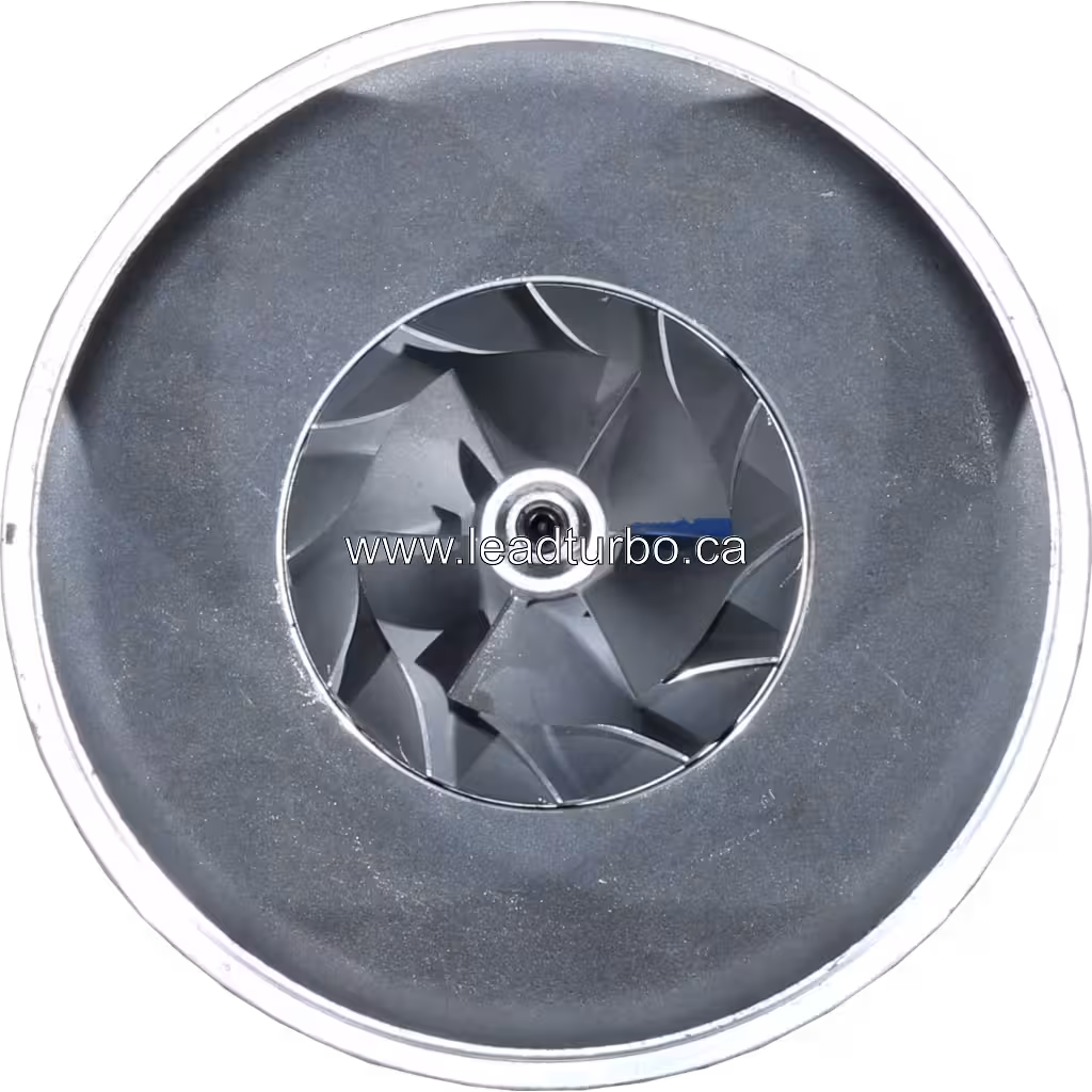 Vue avant du core de turbocompresseur RHE61 FOR 1144003320 avec roue compresseur et turbine