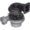 Bottom view of 4LF555 turbocharger showing turbine wheel and exhaust flange