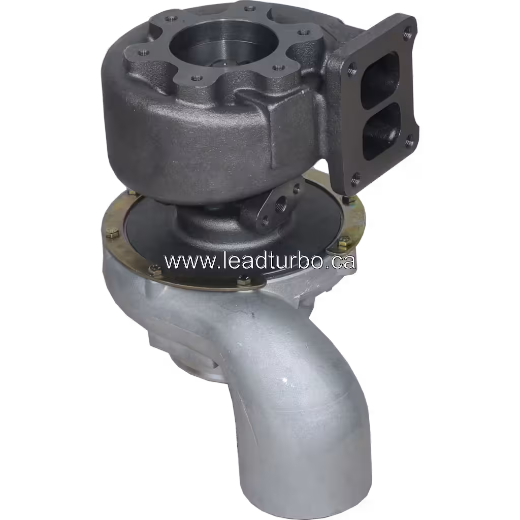 Bottom view of 318295 turbocharger showing two-port exhaust flange and dark grey housing
