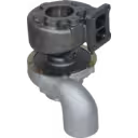 Bottom view of 318295 turbocharger showing two-port exhaust flange and dark grey housing