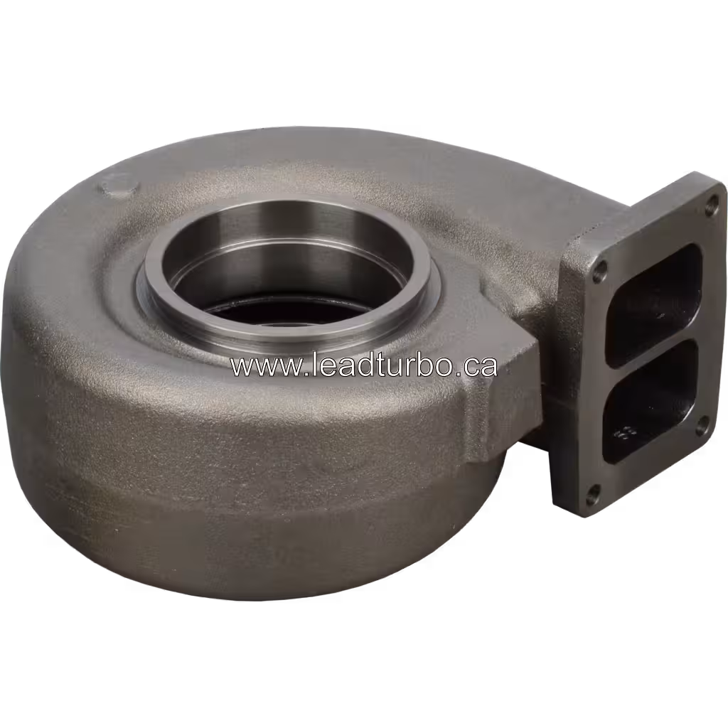 Turbine housing top view with central circular opening and square exhaust flange