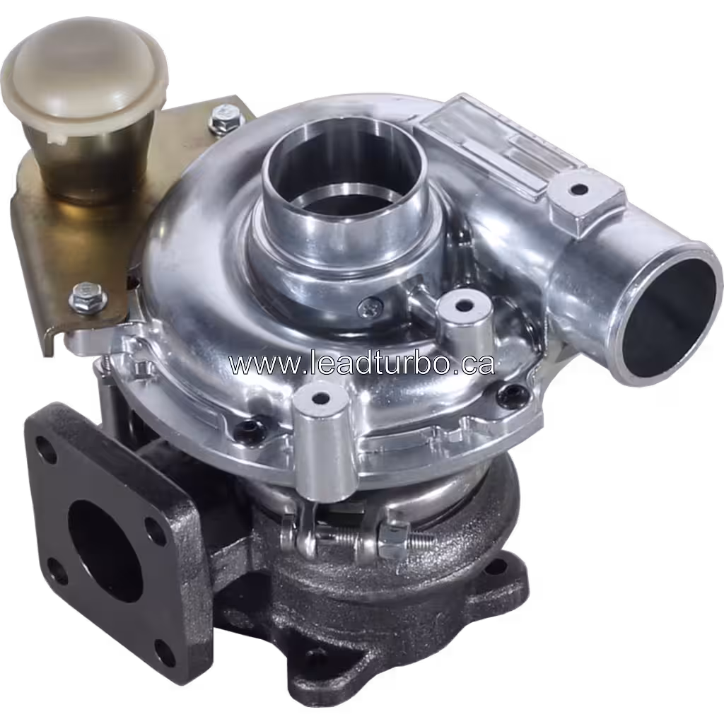 Isuzu 4JA1-L turbocharger with gold bracket and white oil cap, top 45-degree view