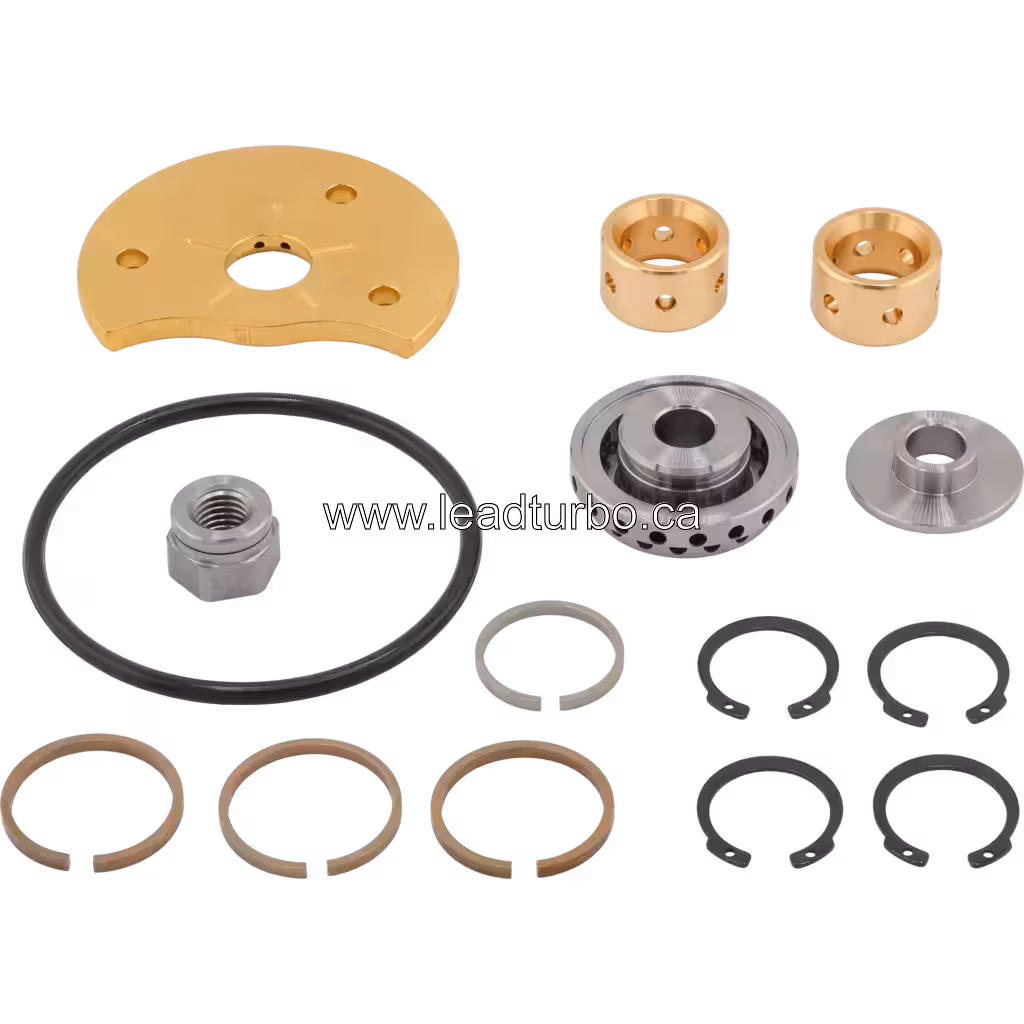 HE351W turbocharger repair kit layout with gold thrust washers and bushings