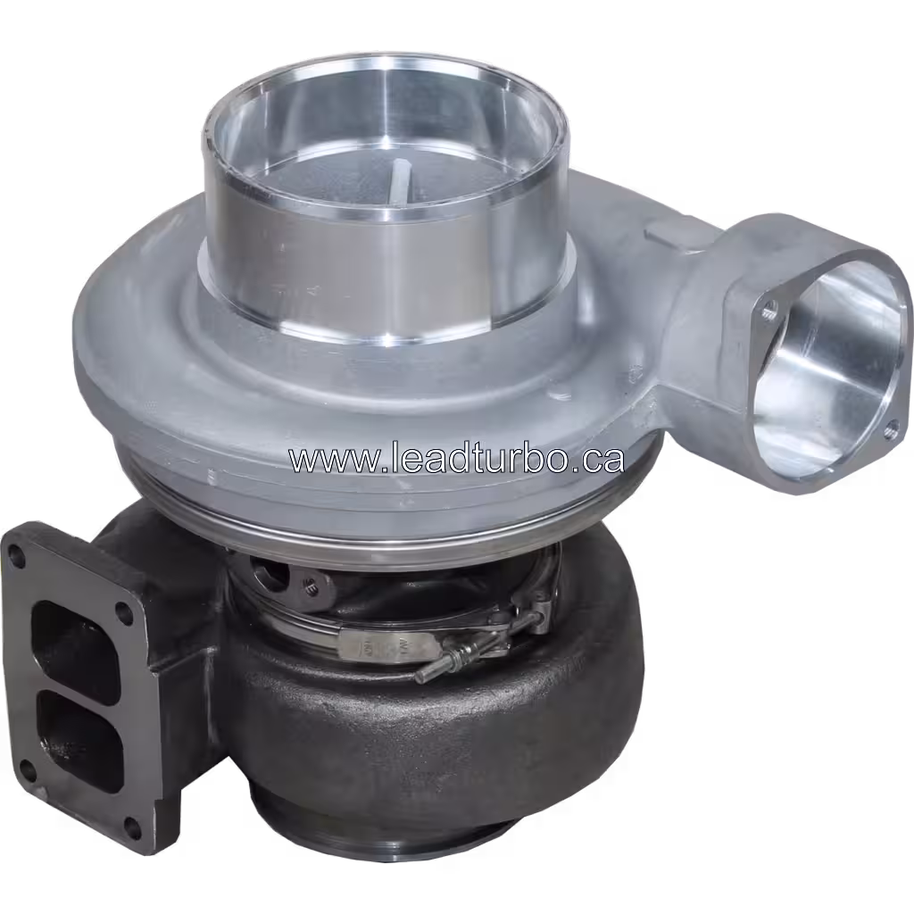 Side view of CAT 3406W turbocharger with rectangular exhaust flange