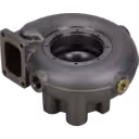 2843504 HX80M turbine housing bottom view showing brass-colored threaded fittings and mounting bosses
