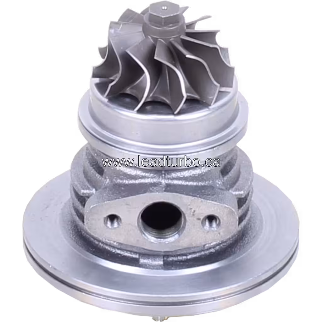 Bottom view of turbo core showing turbine wheel and mounting flange