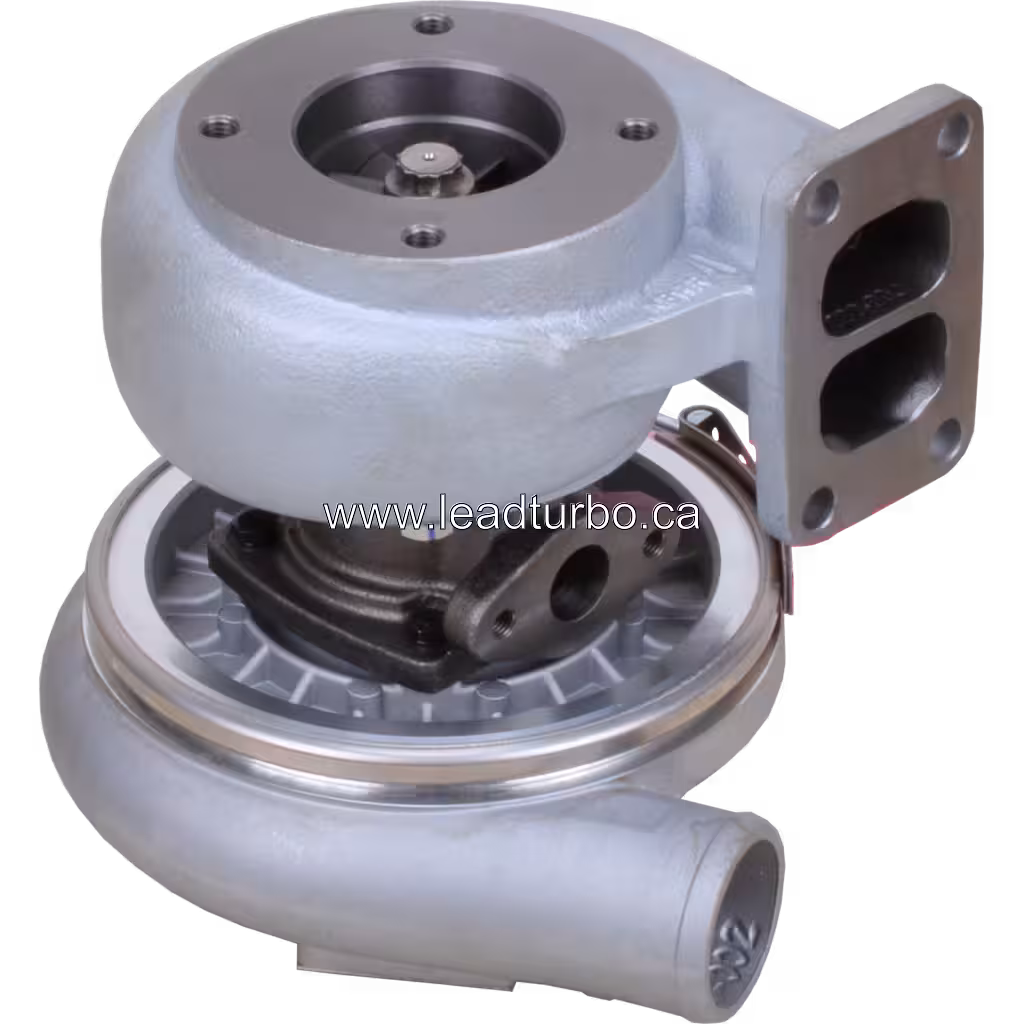 Turbocompresseur 13038512 J80S vue de dessous à 45 degrés avec arbre central et flange de montage