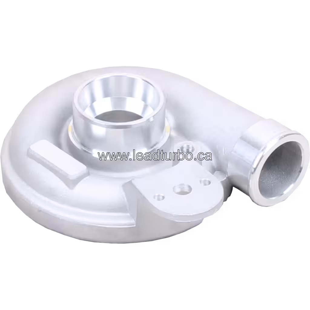 Top 45-degree view of GT2556S compressor housing with cylindrical inlet pipe