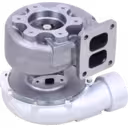 Bottom 45-degree view of IVECO Marine turbocharger showing rectangular exhaust flange