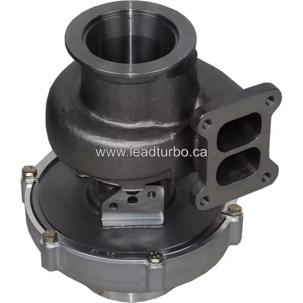 Vue de dessous du turbocompresseur 20738765 montrant le collecteur d'échappement