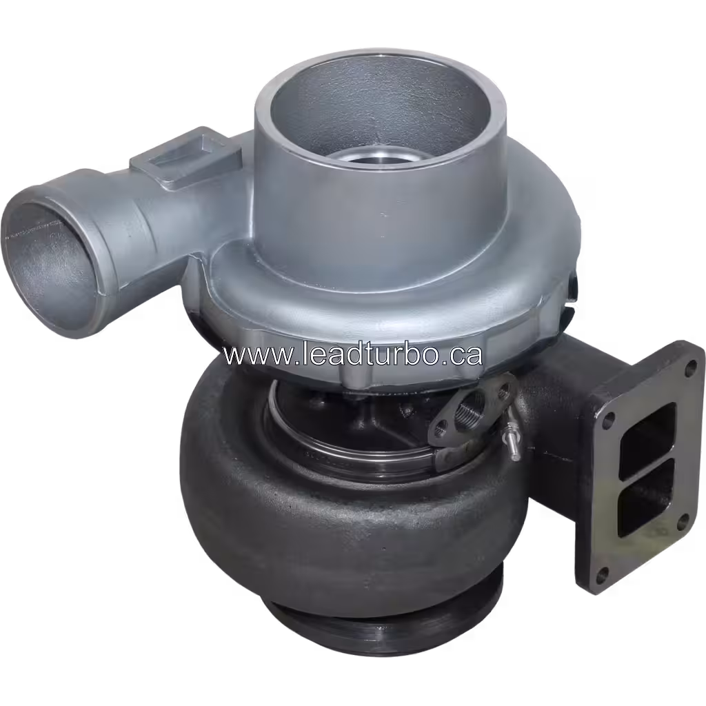 Top 45-degree view of 3803108 turbocharger showing dark grey turbine housing and rectangular exhaust flange