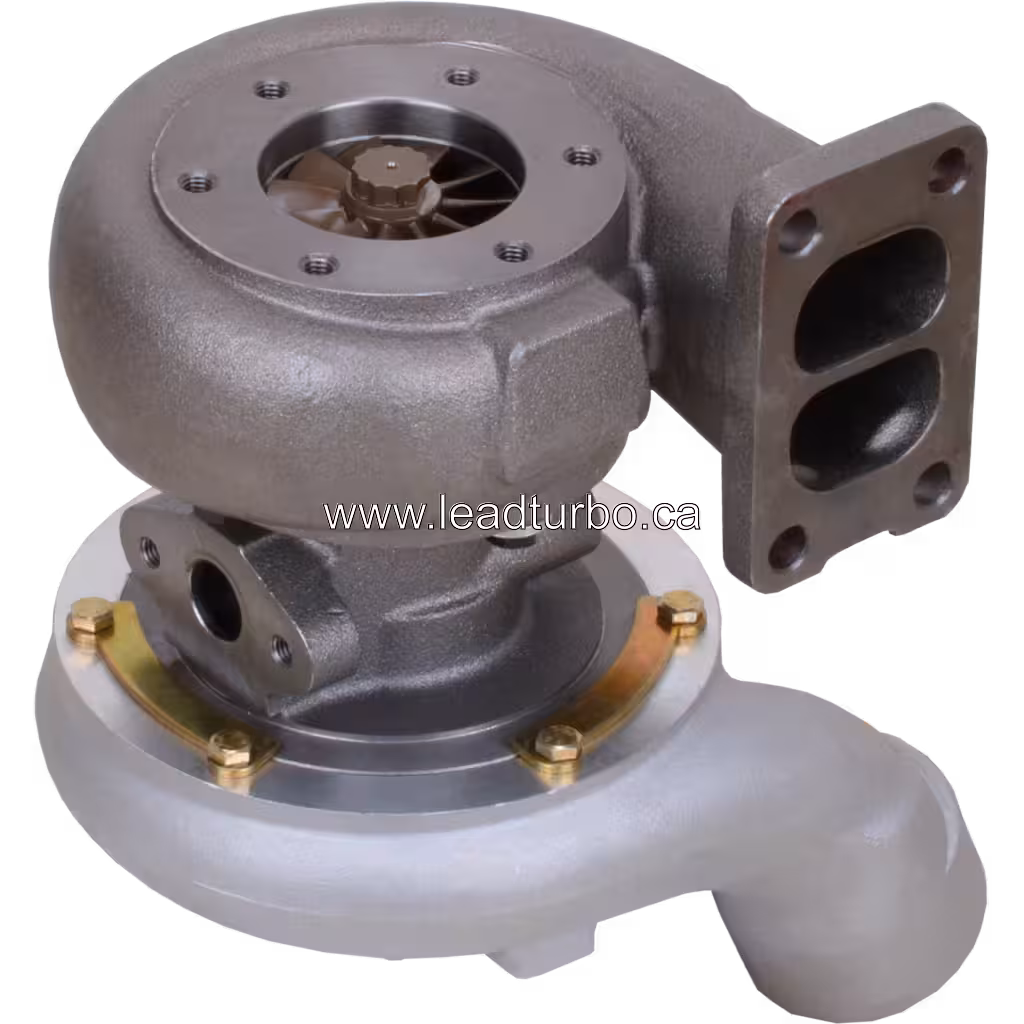 5010339463B turbocharger bottom view with visible compressor and turbine wheels