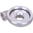 Silver-colored cast metal turbocharger compressor housing