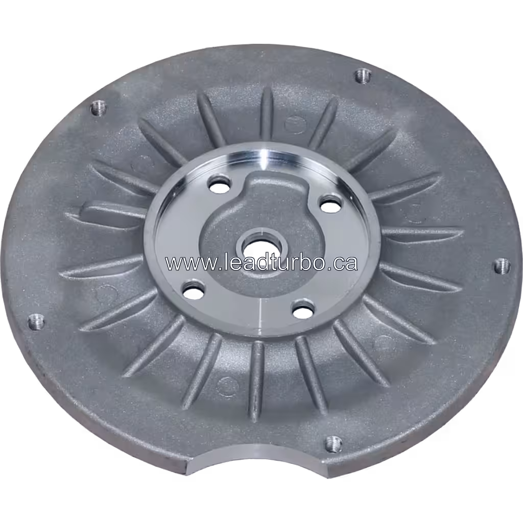 Bottom view of J96 turbo back plate showing radial cooling ribs