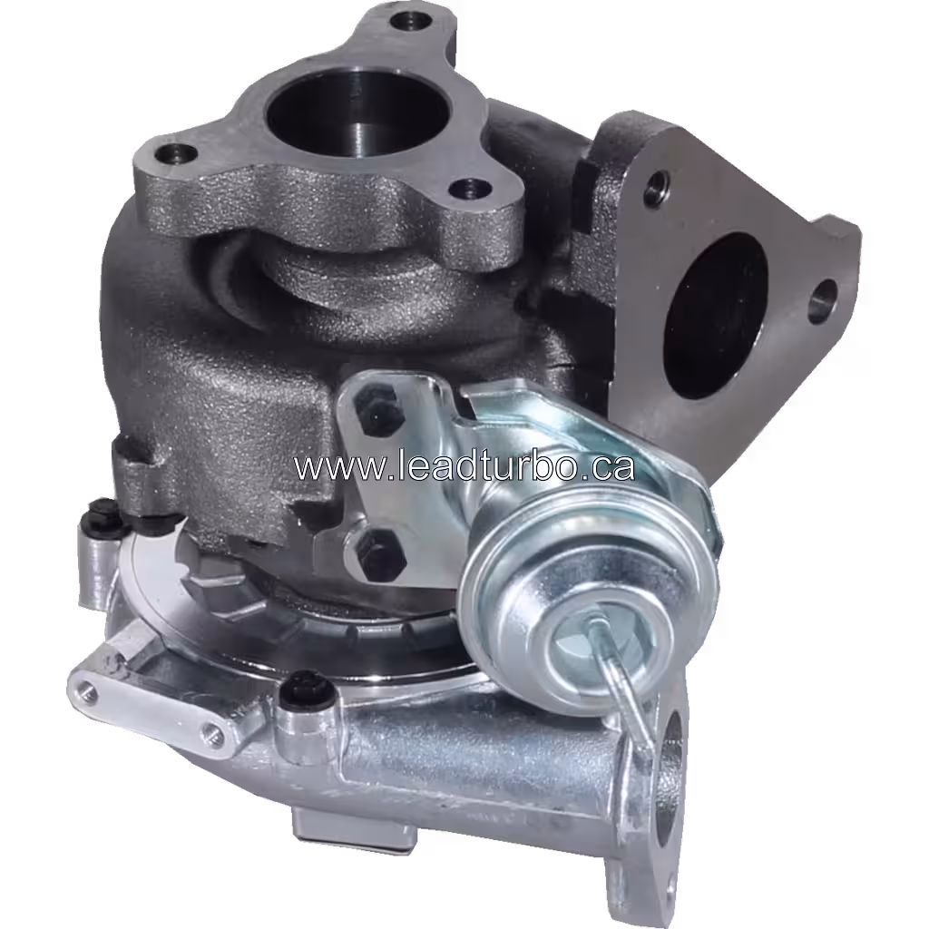 Bottom 45-degree view of 14411AW40A turbocharger showing turbine housing and oil lines