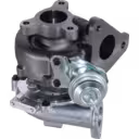 Bottom 45-degree view of 14411AW40A turbocharger showing turbine housing and oil lines