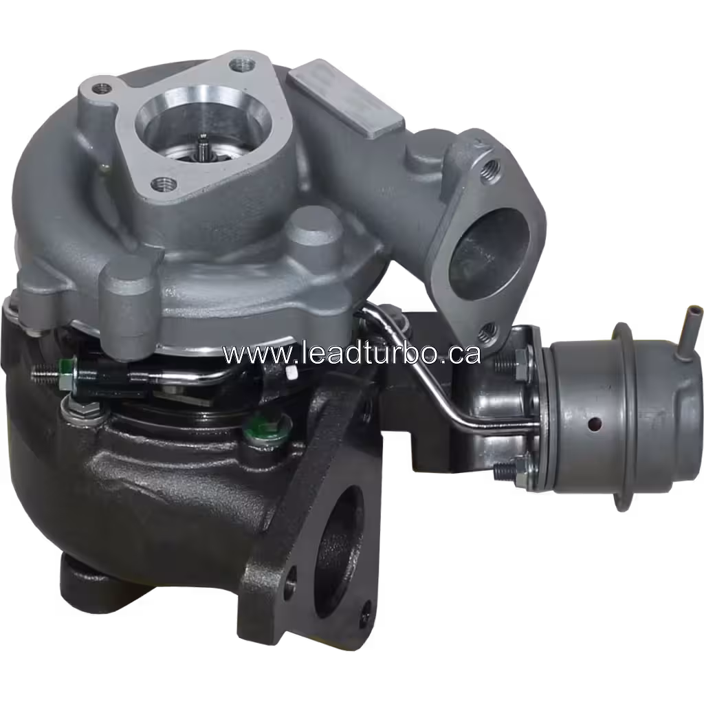 Top 45-degree view of Nissan YD22ED turbocharger with visible actuator and mounting flanges