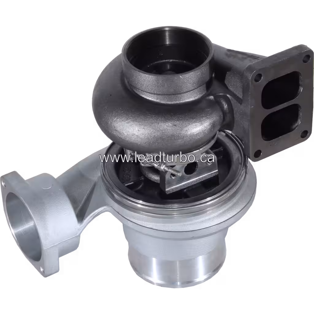 Bottom 45-degree view of 2199711 turbocharger showing two-port exhaust flange